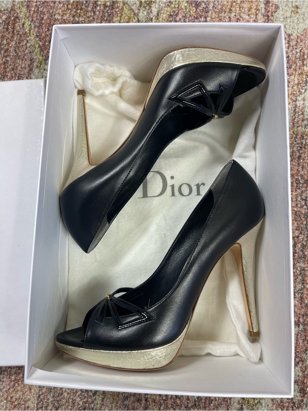 NEW Christian Dior Open Toe Leather Pumps Black Gold Size 38.5